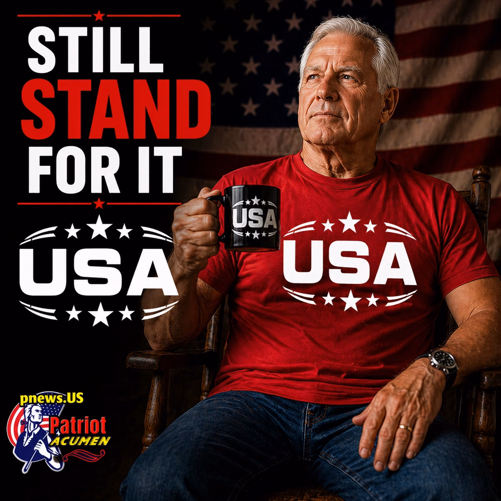 Man holding USA coffee cup with USA red t-shirt, "STILL STAND FOR IT" - USA